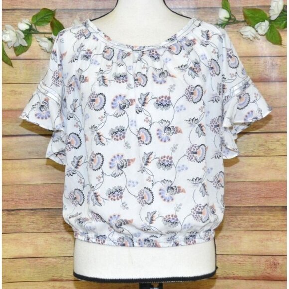 NWT Max Edition Ladies Size M Chiffon Short Ruffle Sleeve Floral Top Blouse Elas - Picture 1 of 10